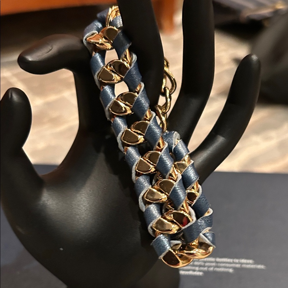 Gold and Blue leather Chain Bracelet